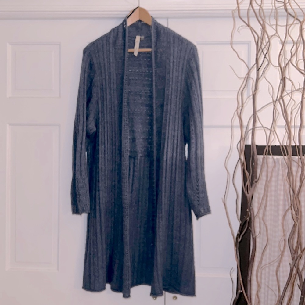 NY COLLECTION WOMAN Denim Blue Pointelle Crochet Open Front Cardigan Sz. 1X~EUC!